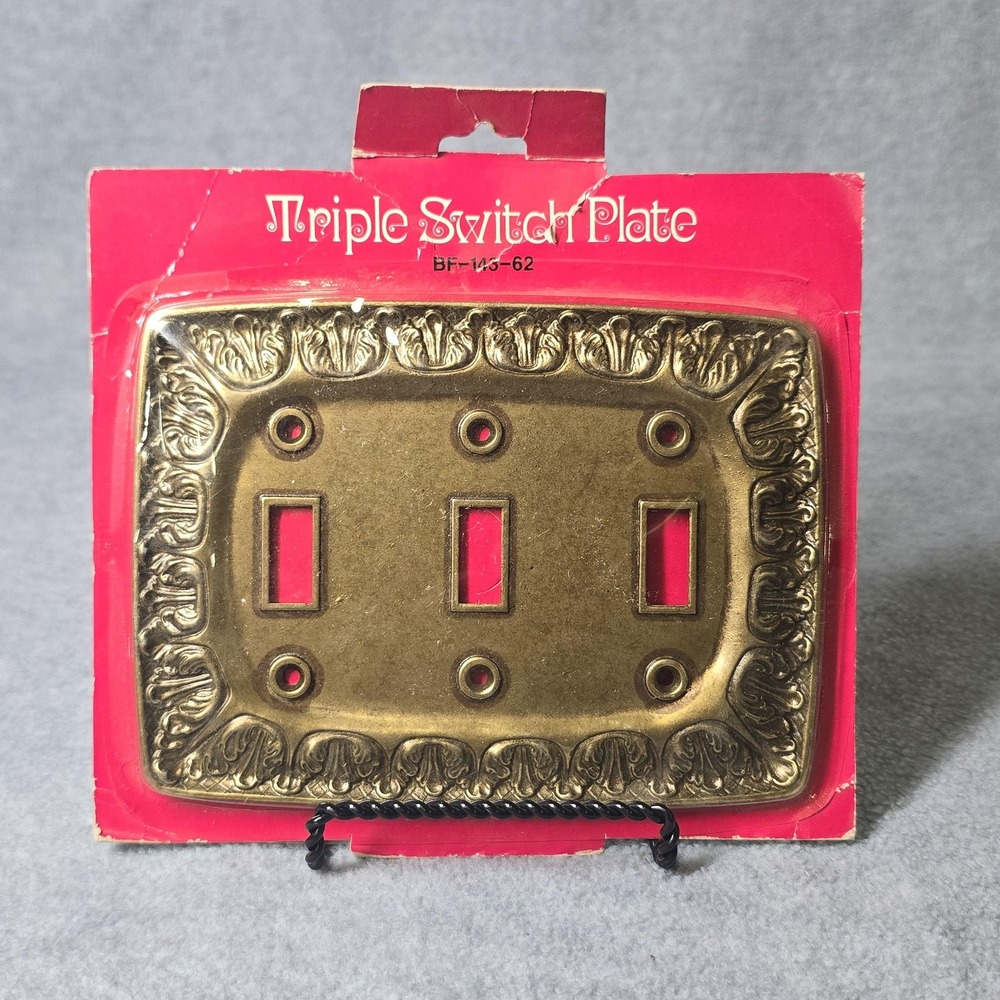 Vintage 1970s Kirsch BF-143-62 Triple Toggle Switch Plate Ornate Brass NOS